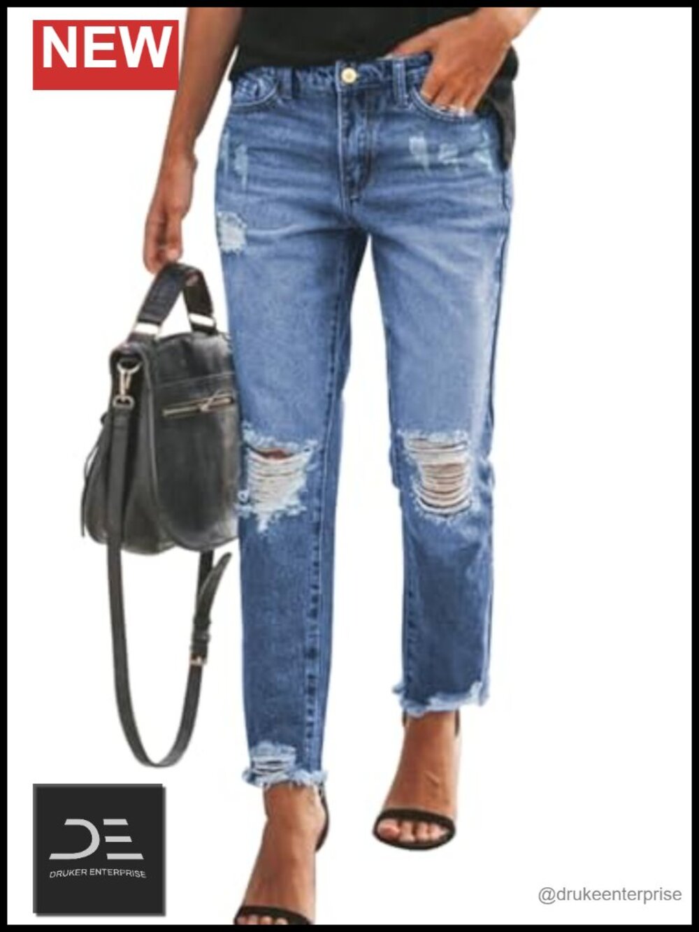 Stretchy Ripped Distressed Boyfriend Jeans High Rise Straight Leg Denim